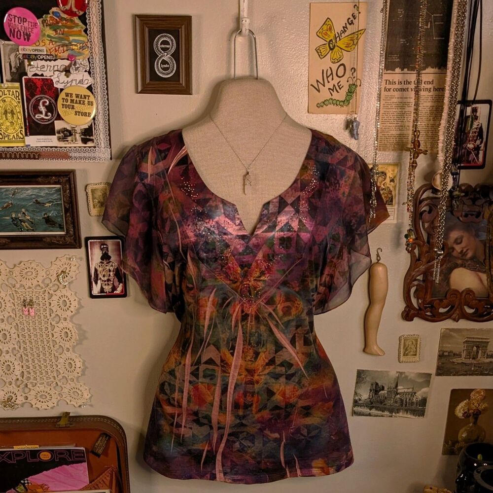 Sparkly Graphic Butterfly Sleeve Blouse Women's XL/1X Colorful Purple